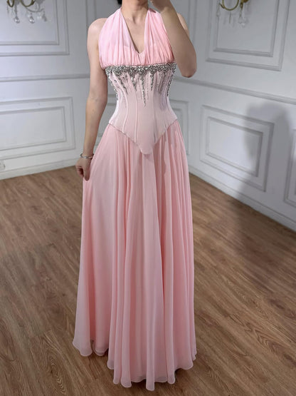 Luxury Designer Sage Green Chiffon Halter Beaded   Evening Dress LA73074