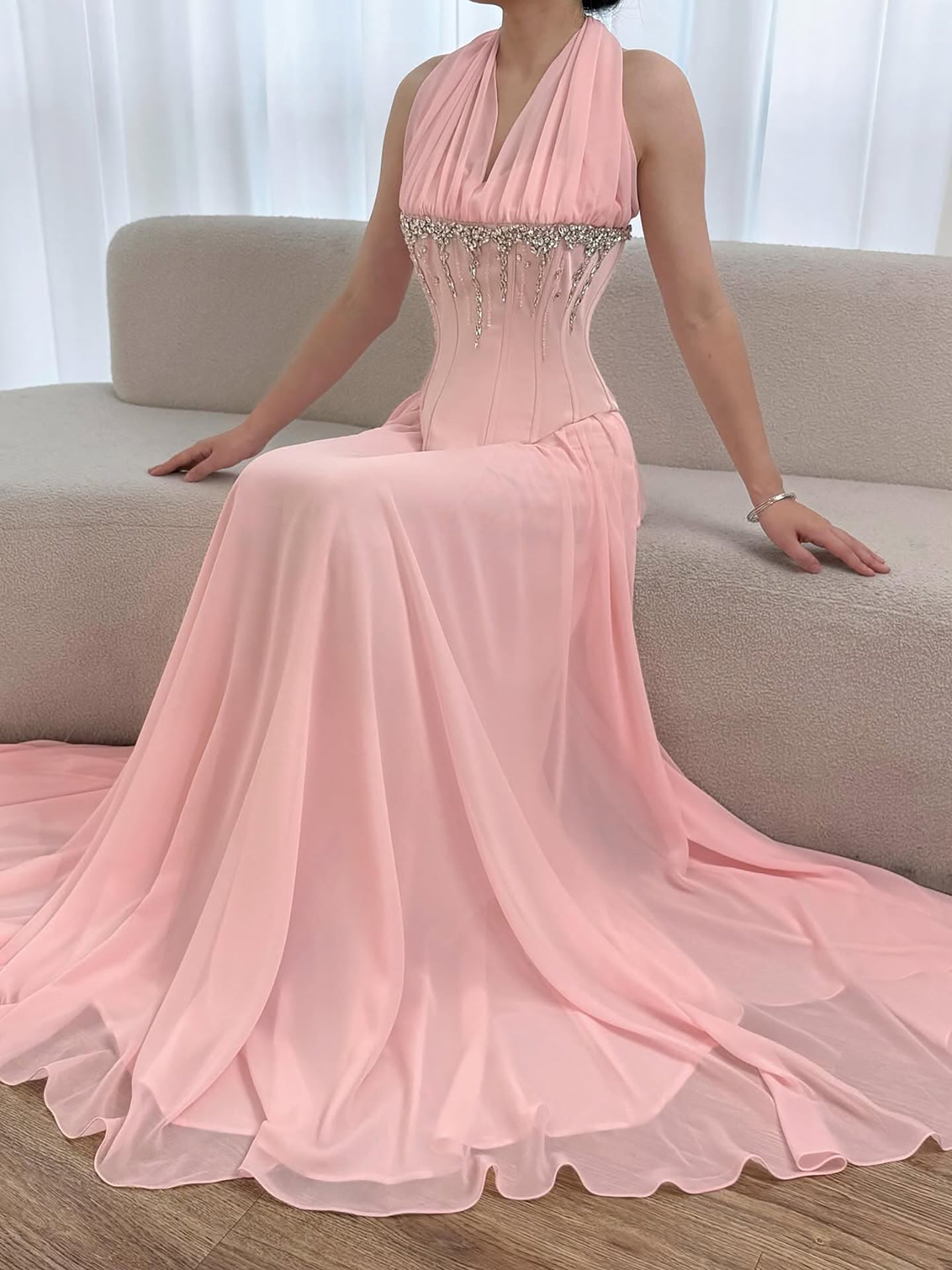 Luxury Designer Sage Green Chiffon Halter Beaded   Evening Dress LA73074
