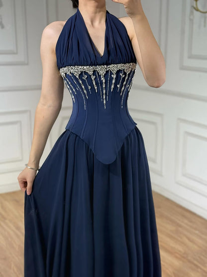 Luxury Designer Sage Green Chiffon Halter Beaded Evening Dress LA73074 - SERENE HILL