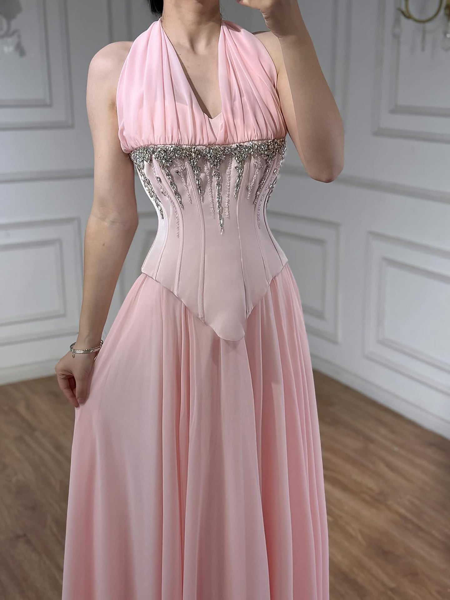 Luxury Designer Sage Green Chiffon Halter Beaded   Evening Dress LA73074