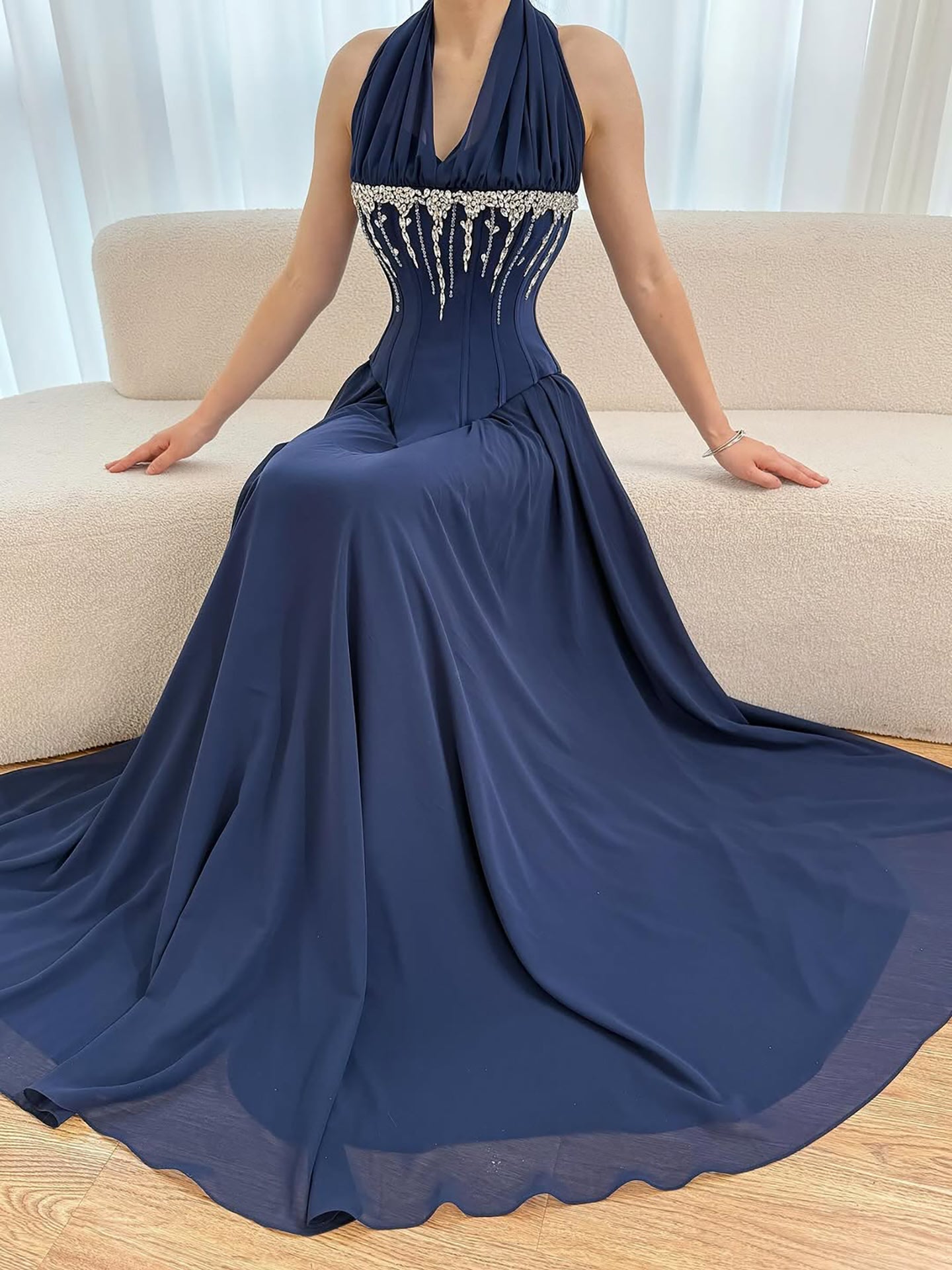Luxury Designer Sage Green Chiffon Halter Beaded Evening Dress LA73074 - SERENE HILL