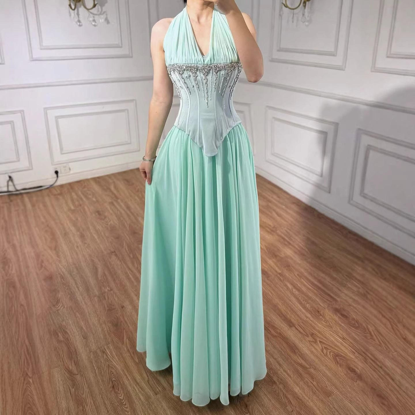 Luxury Designer Sage Green Chiffon Halter Beaded   Evening Dress LA73074