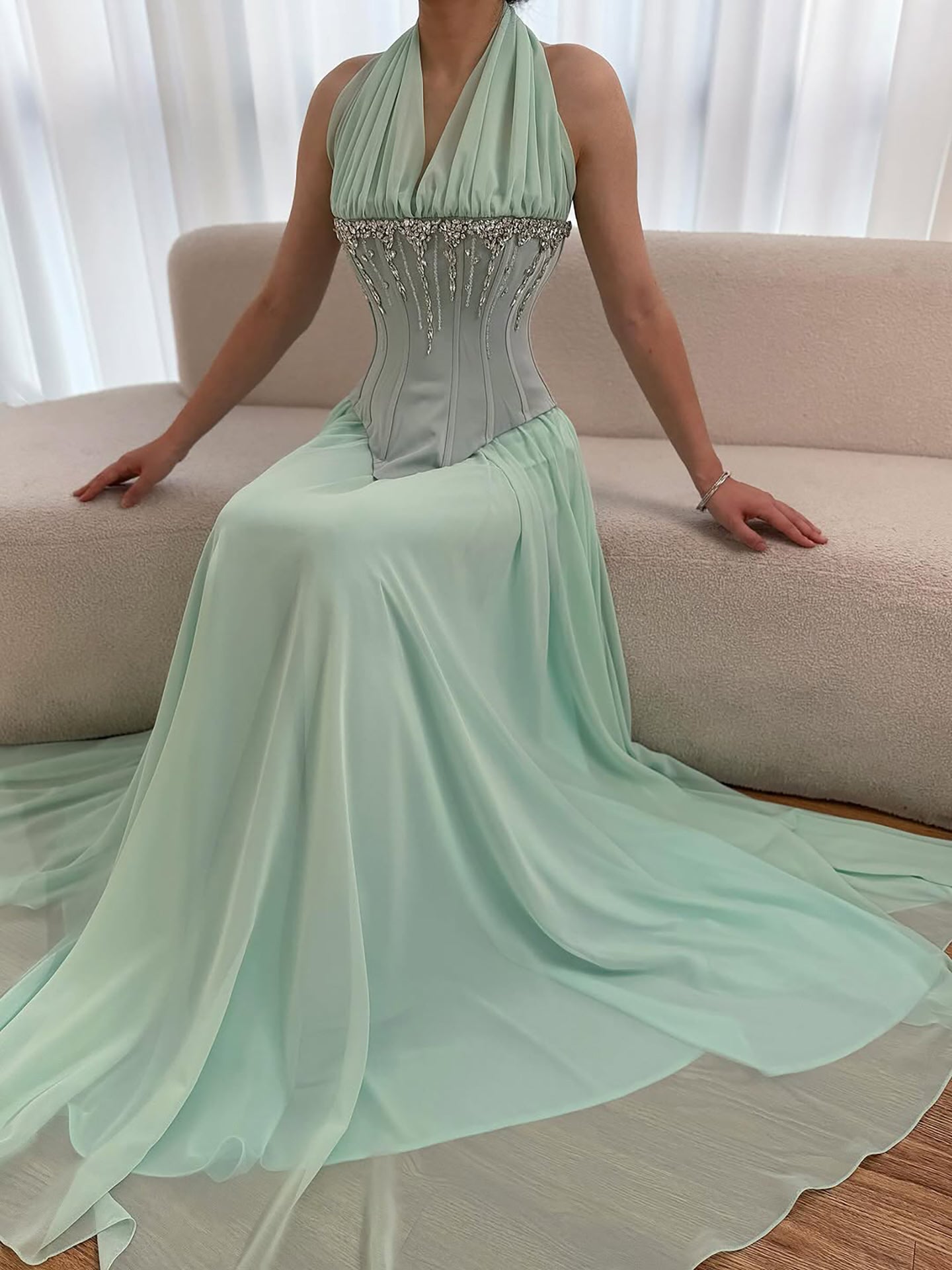 Luxury Designer Sage Green Chiffon Halter Beaded   Evening Dress LA73074
