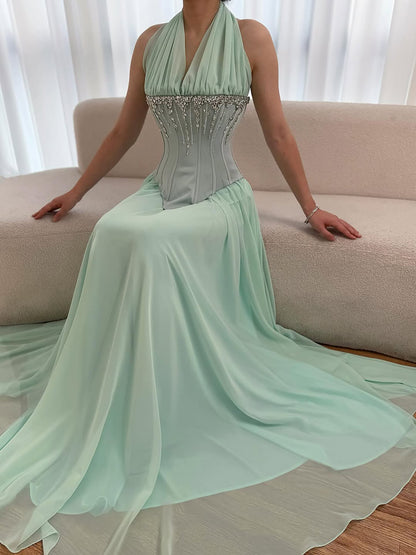 Luxury Designer Sage Green Chiffon Halter Beaded   Evening Dress LA73074