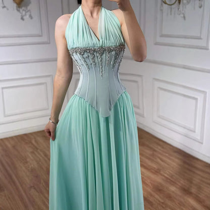 Luxury Designer Sage Green Chiffon Halter Beaded   Evening Dress LA73074