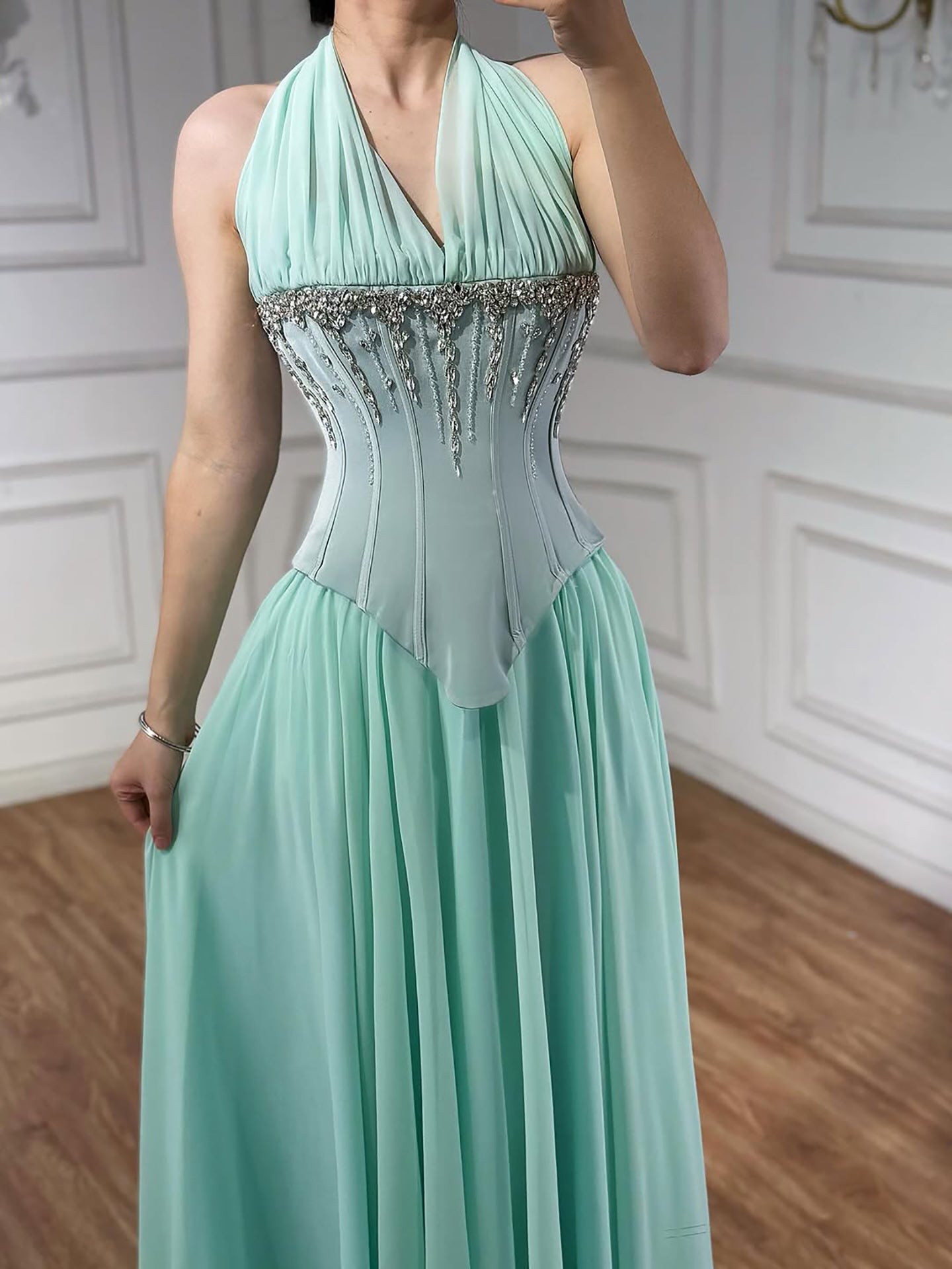 Luxury Designer Sage Green Chiffon Halter Beaded   Evening Dress LA73074