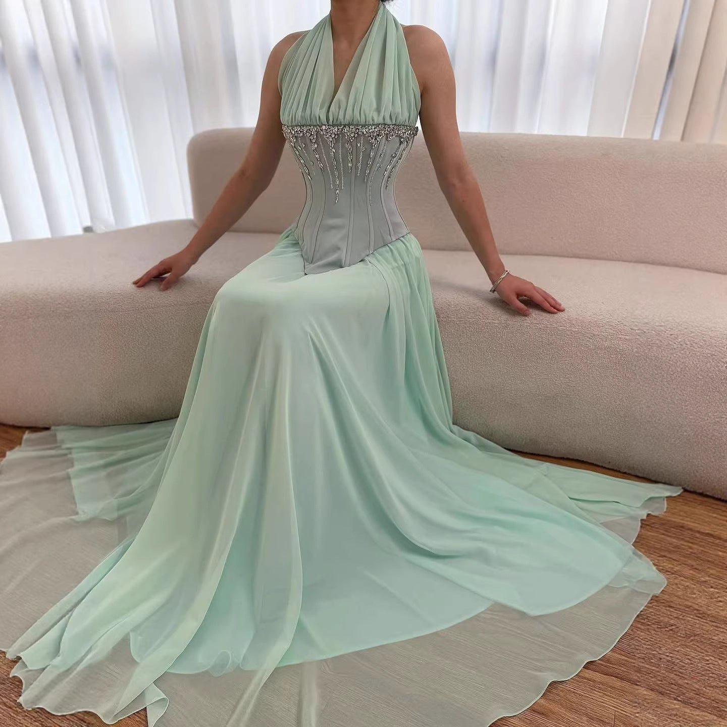Luxury Designer Sage Green Chiffon Halter Beaded   Evening Dress LA73074