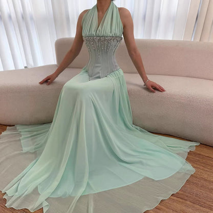 Luxury Designer Sage Green Chiffon Halter Beaded   Evening Dress LA73074