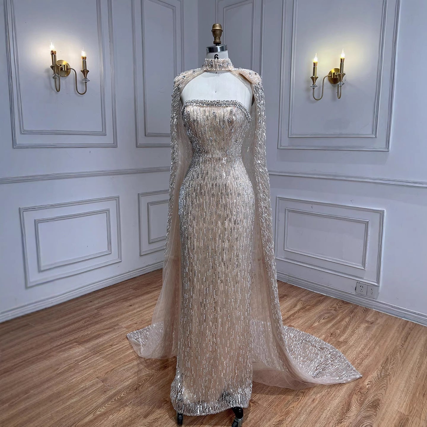 cream beaded evening dress Wedtrend Women Cream Formal Dress with Lace Up Back Mermaid Halter Cut Out  Beaded Long Wedding Party Dress – WEDTREND main image 1