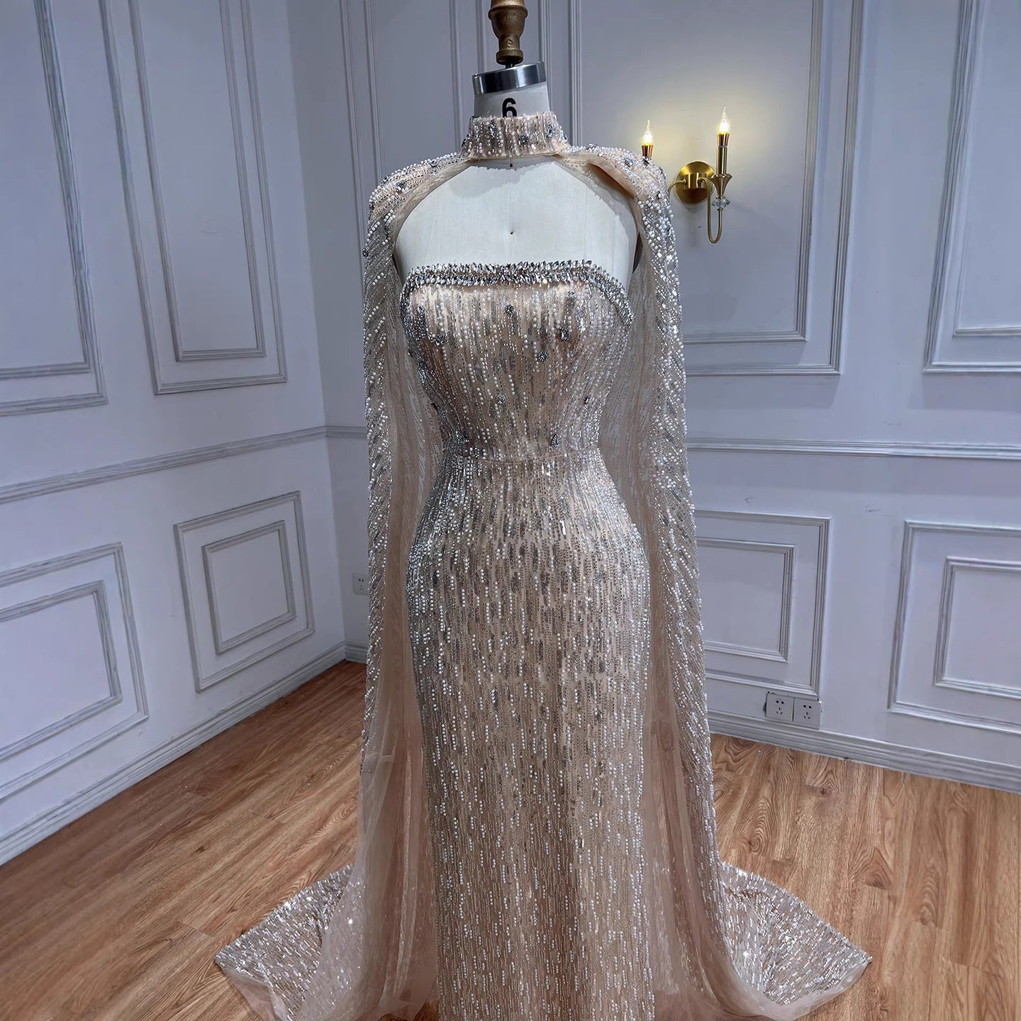 Luxury Cream Beaded Evening Dress With Cape LA73076B Cream / 16 Luxury Cream Beaded Evening Dress With Cape LA73076B Cream / 16