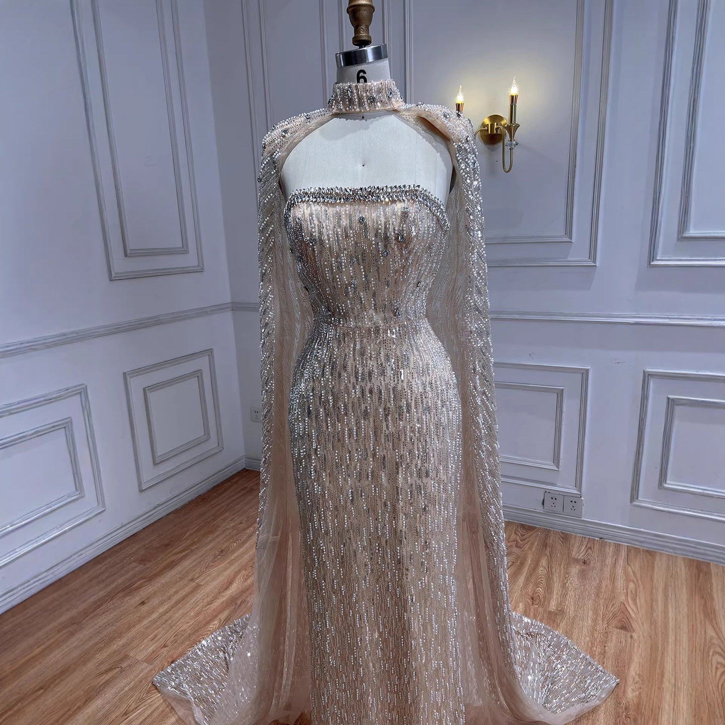 Luxury Cream Beaded Evening Dress With Cape LA73076B - SERENE  HILL