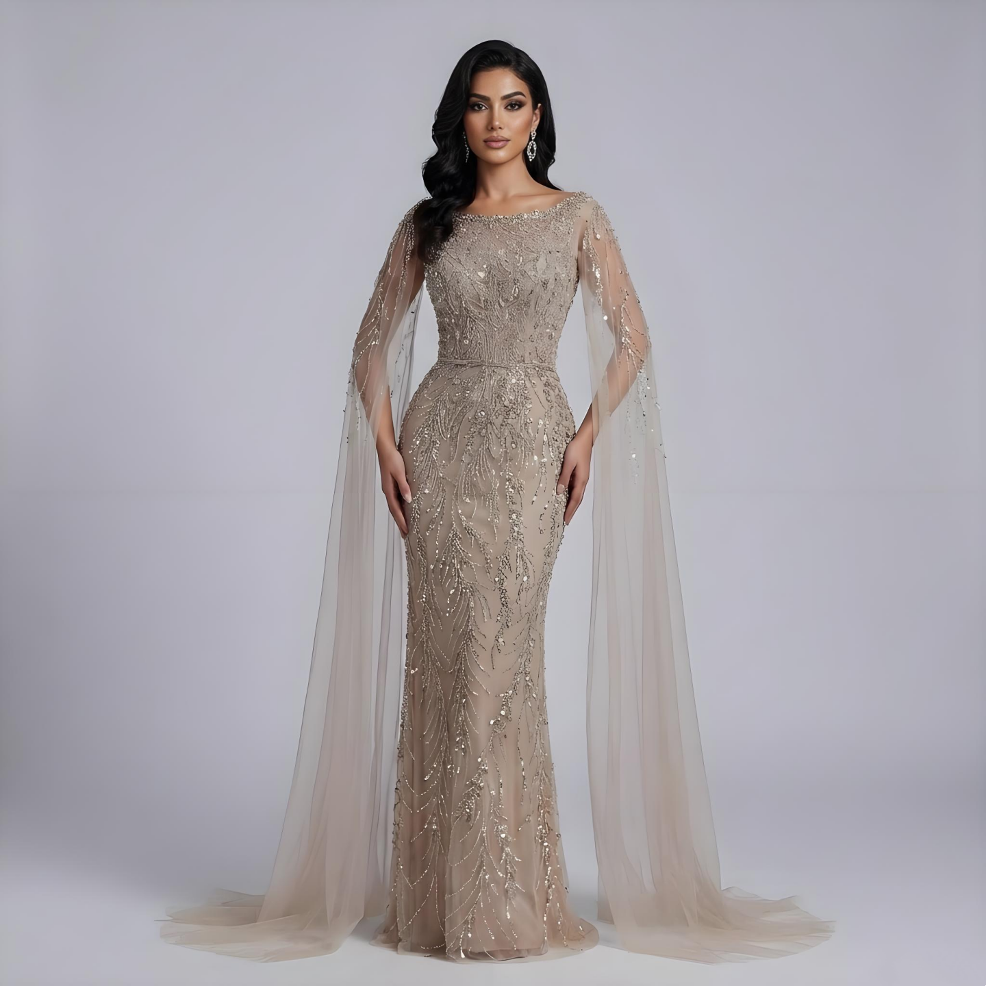 Luxury Caramel Beaded Evening Dress with Cape Sleeves LA73078 - SERENE HILL