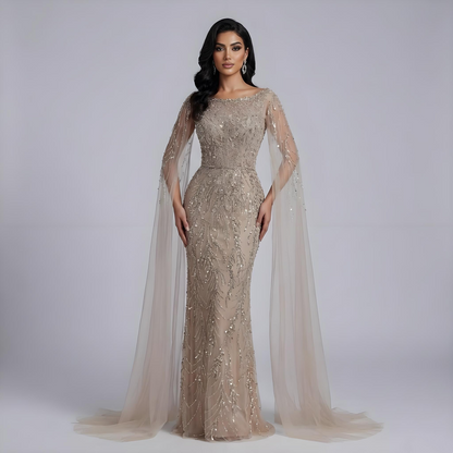 Luxury Caramel Beaded Evening Dress with Cape Sleeves LA73078 - SERENE HILL