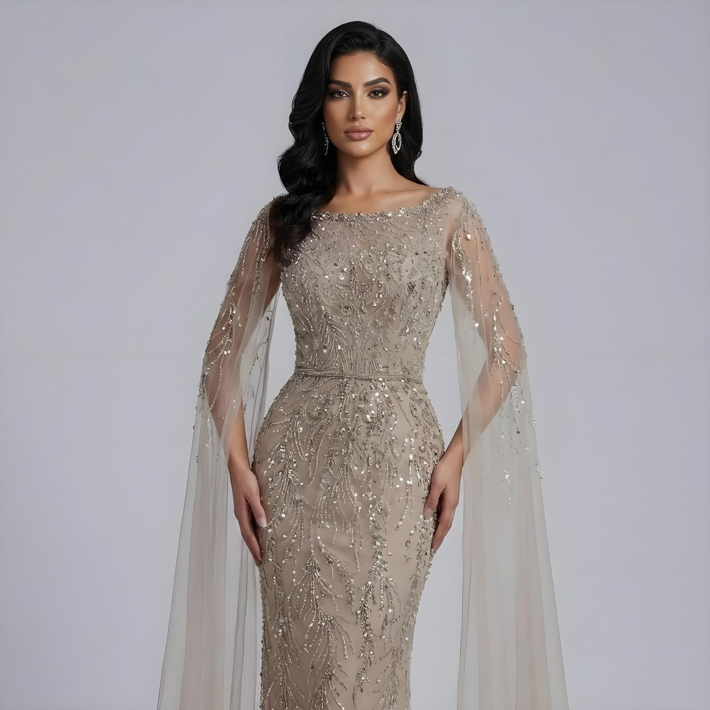 Luxury Caramel Beaded Evening Dress with Cape Sleeves LA73078 - SERENE HILL