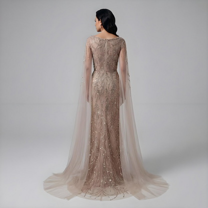 Luxury Caramel Beaded Evening Dress with Cape Sleeves LA73078 - SERENE HILL