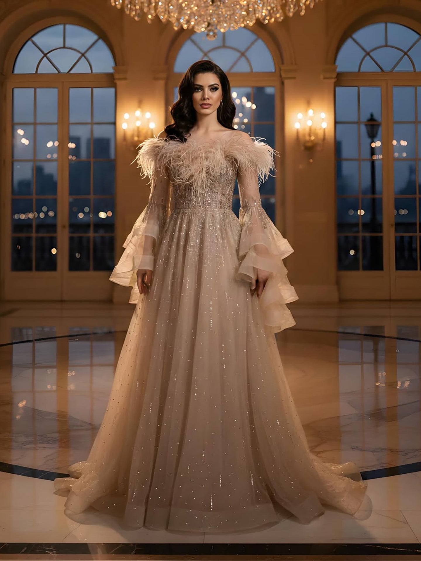 Luxury Red Feathered A-Line Evening Dress with Puffy Sleeves LA73080 - SERENE  HILL