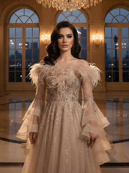 Luxury Red Feathered A-Line Evening Dress with Puffy Sleeves LA73080 - SERENE  HILL