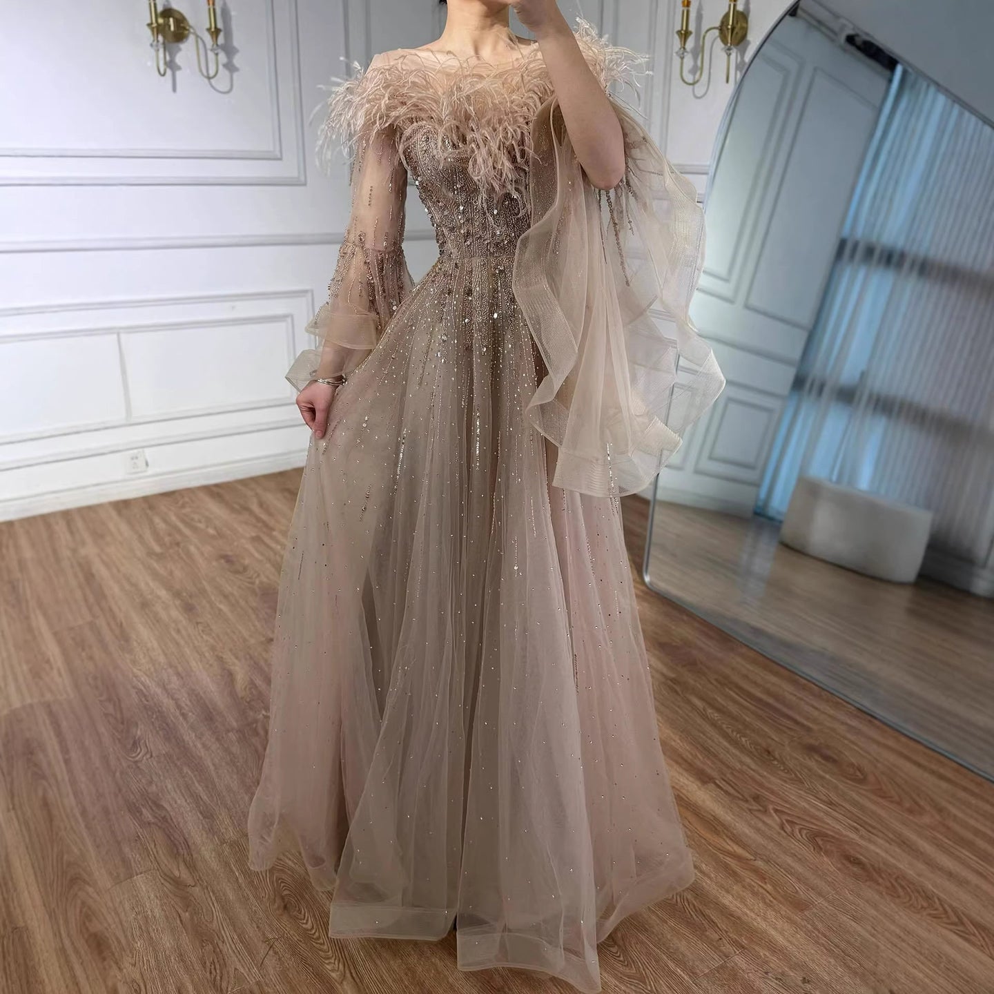 Luxury Red Feathered A-Line Evening Dress with Puffy Sleeves LA73080 - SERENE  HILL