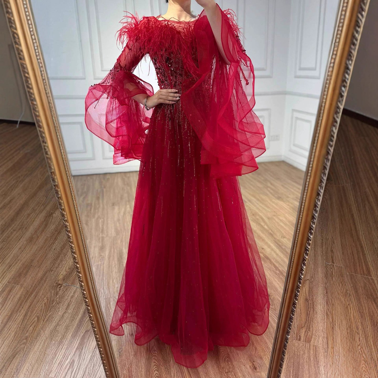 Luxury Red Feathered A-Line Evening Dress with Puffy Sleeves LA73080 - SERENE  HILL