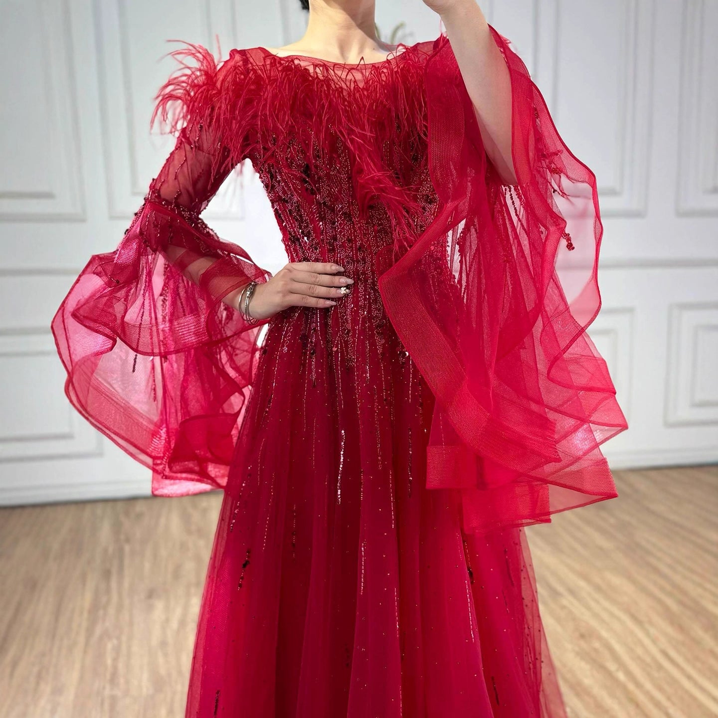 Luxury Red Feathered A-Line Evening Dress with Puffy Sleeves LA73080 - SERENE  HILL