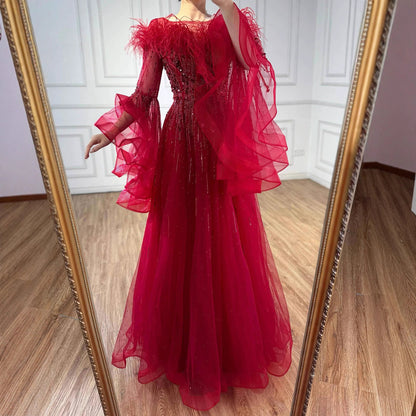 Luxury Red Feathered A-Line Evening Dress with Puffy Sleeves LA73080 - SERENE  HILL