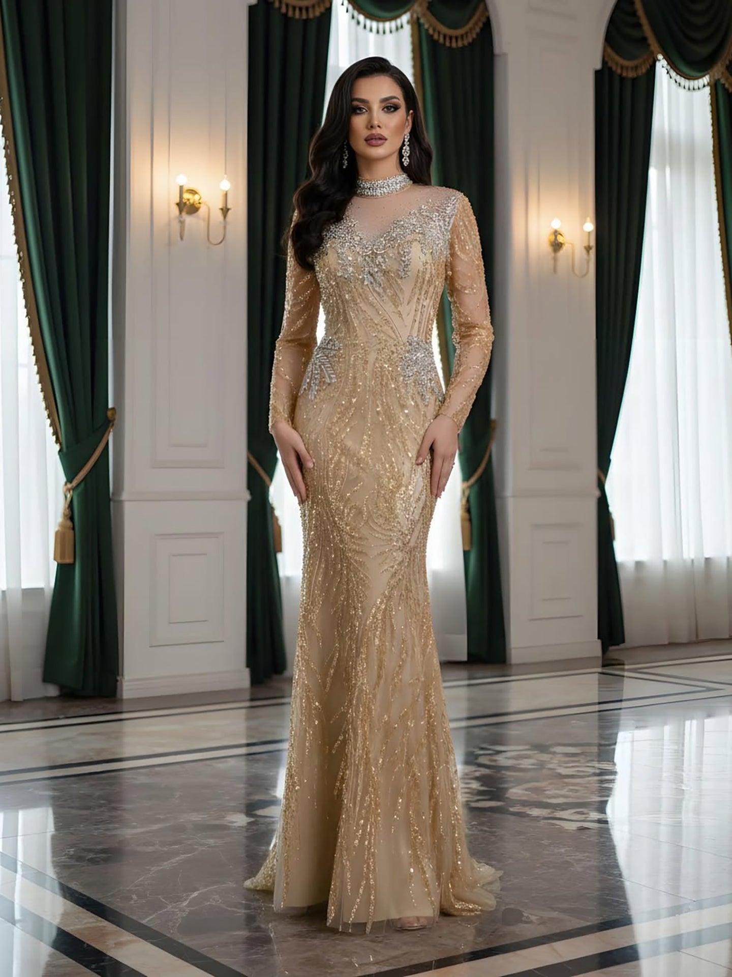 Luxury Silver Nude Beaded Mermaid Evening Dress LA73083 - SERENE  HILL
