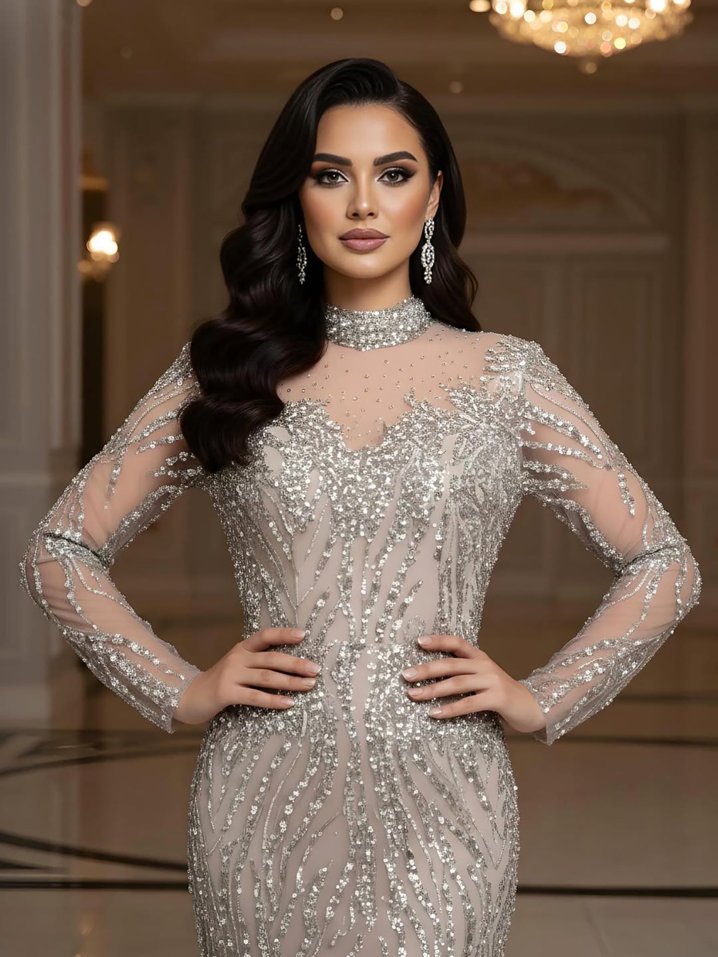 Luxury Silver Nude Beaded Mermaid Evening Dress LA73083 - SERENE  HILL