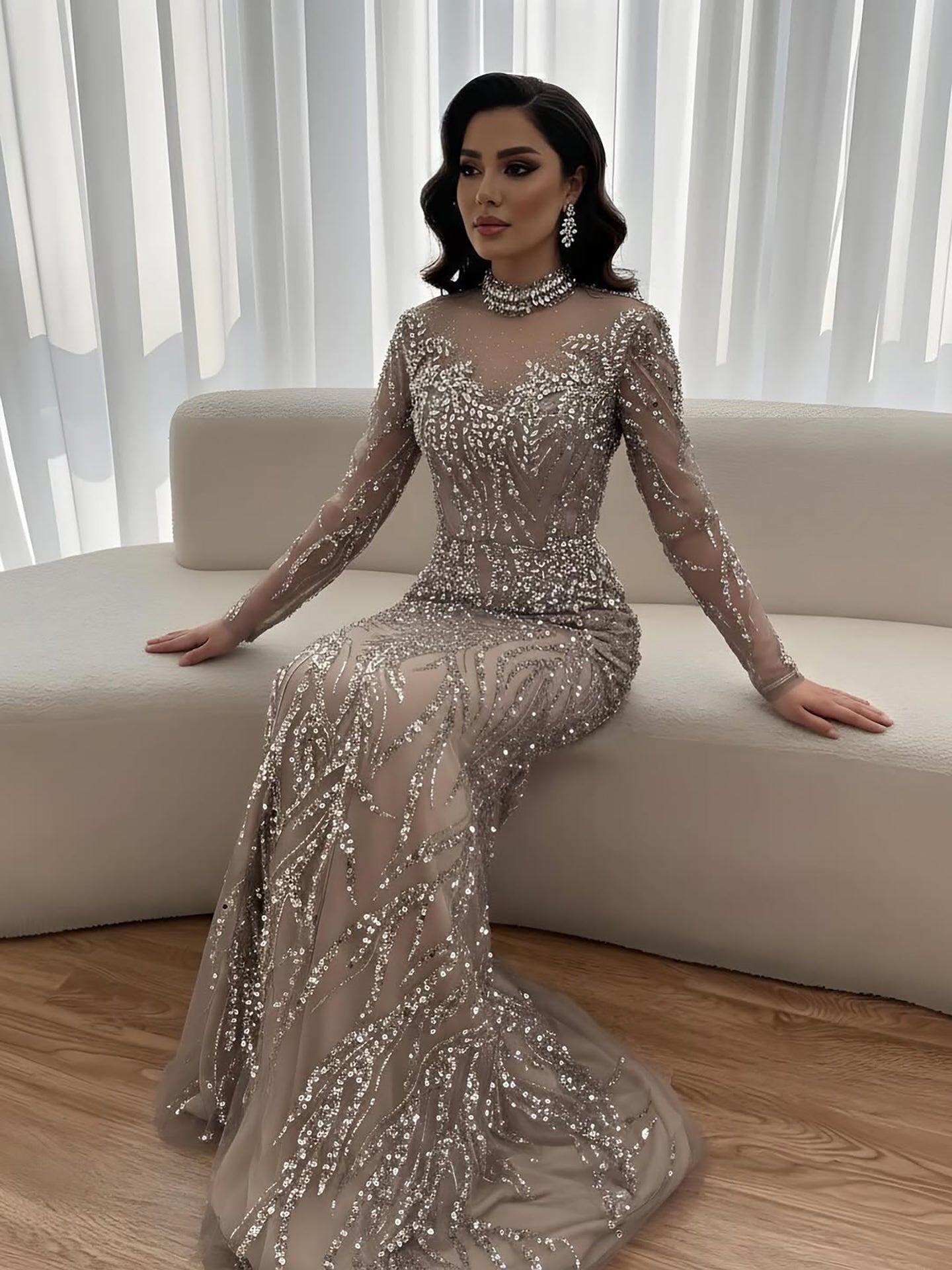 Luxury Silver Nude Beaded Mermaid Evening Dress LA73083 - SERENE  HILL