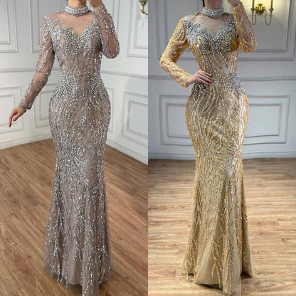Luxury Silver Nude Beaded Mermaid Evening Dress LA73083 - SERENE  HILL