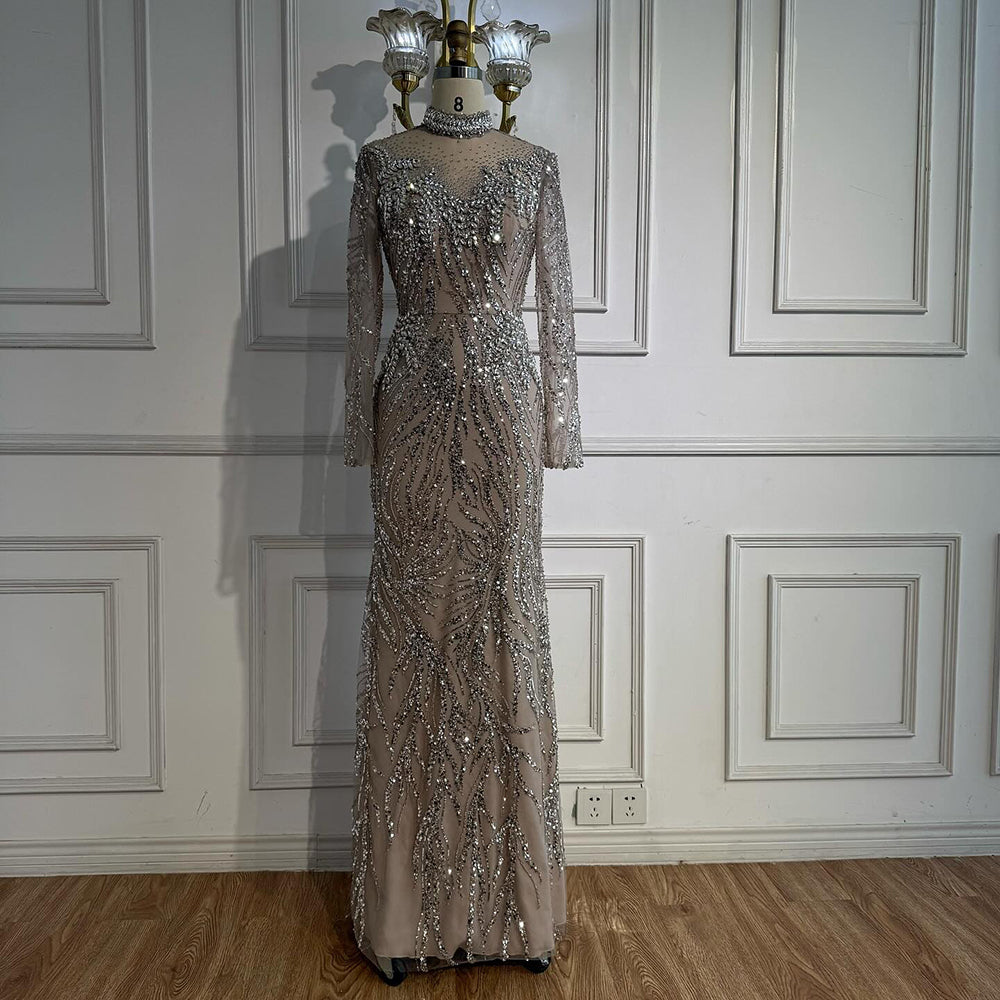 Luxury Silver Nude Beaded Mermaid Evening Dress LA73083 - SERENE  HILL