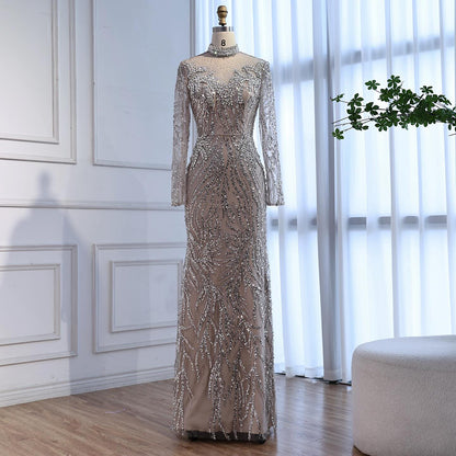 Luxury Silver Nude Beaded Mermaid Evening Dress LA73083 - SERENE  HILL