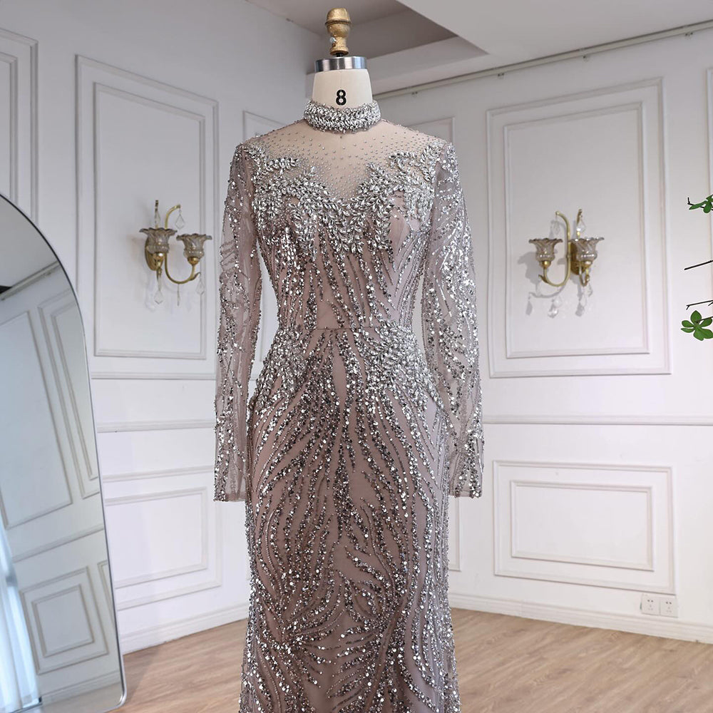 Luxury Silver Nude Beaded Mermaid Evening Dress LA73083 - SERENE  HILL