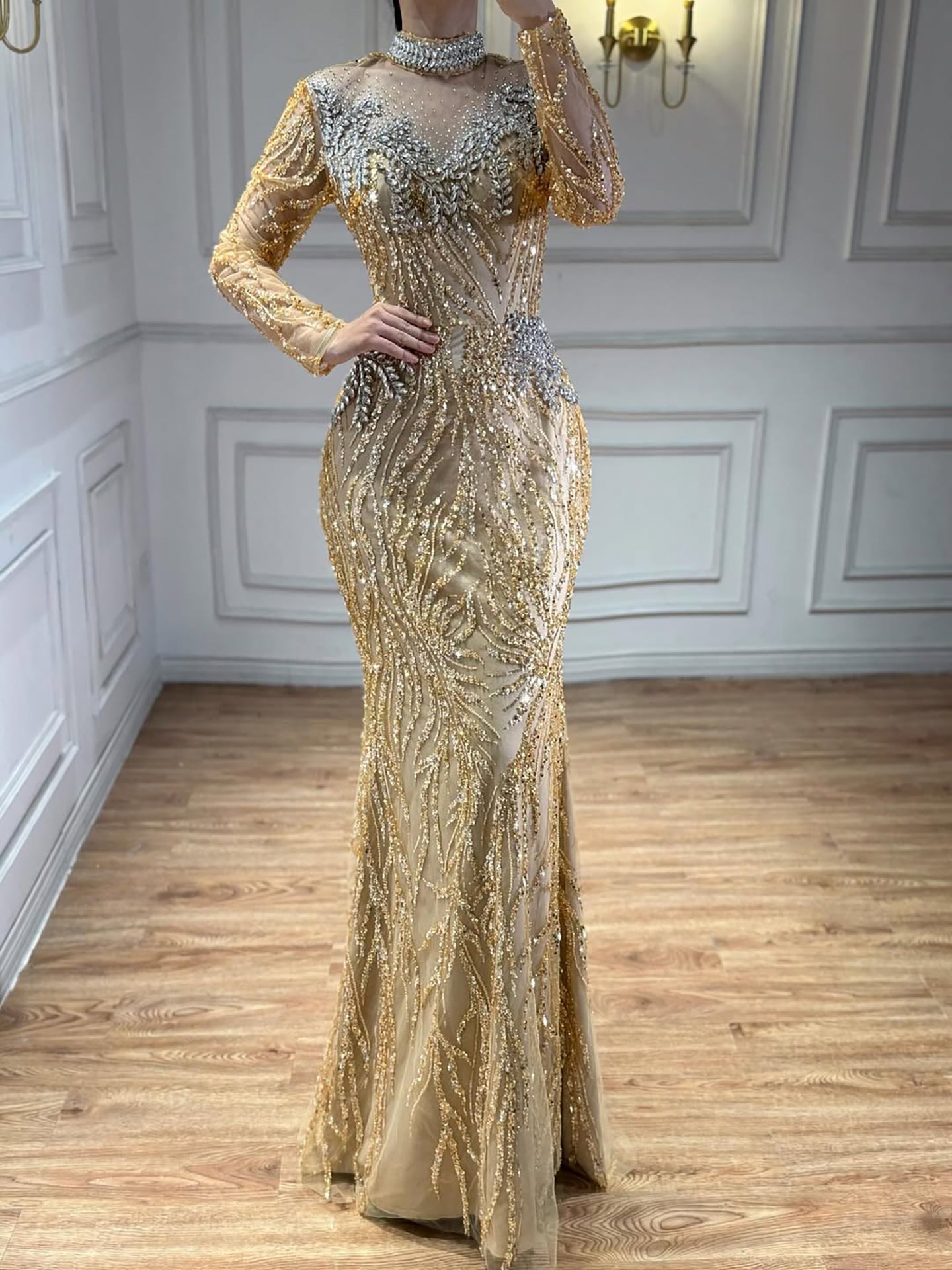Luxury Silver Nude Beaded Mermaid Evening Dress LA73083 - SERENE  HILL