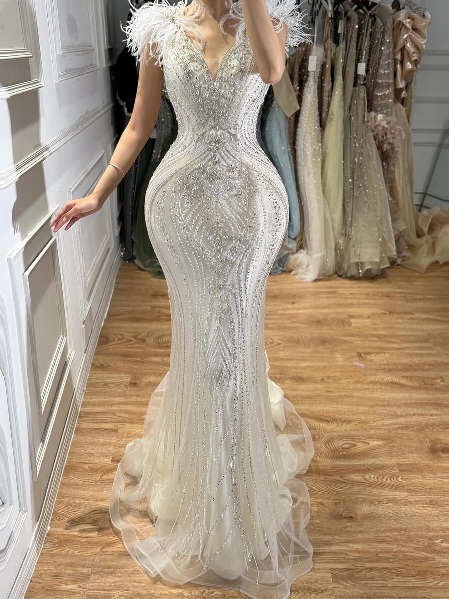Luxury Designer  Pink Feather Beaded  Mermaid Evening Dress LA73098 SERENE HILL