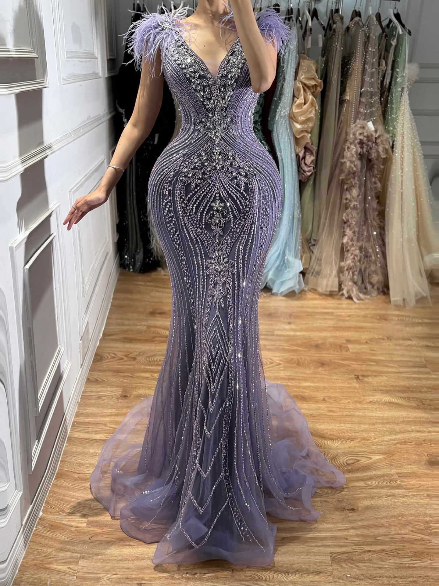 Luxury Designer  Pink Feather Beaded  Mermaid Evening Dress LA73098 SERENE HILL
