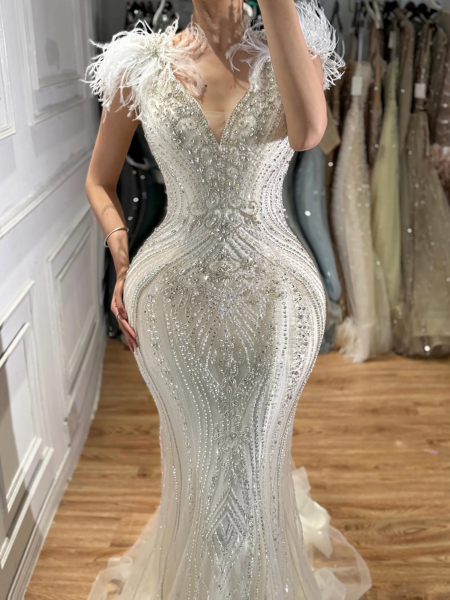 Luxury Designer  Pink Feather Beaded  Mermaid Evening Dress LA73098 SERENE HILL