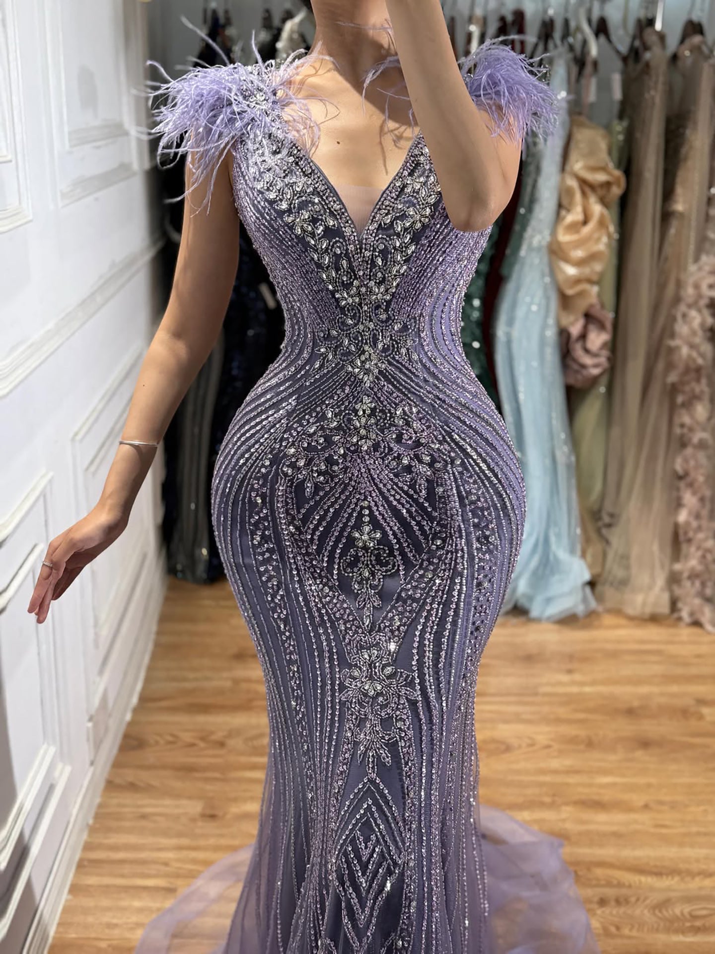 Luxury Designer  Pink Feather Beaded  Mermaid Evening Dress LA73098 SERENE HILL