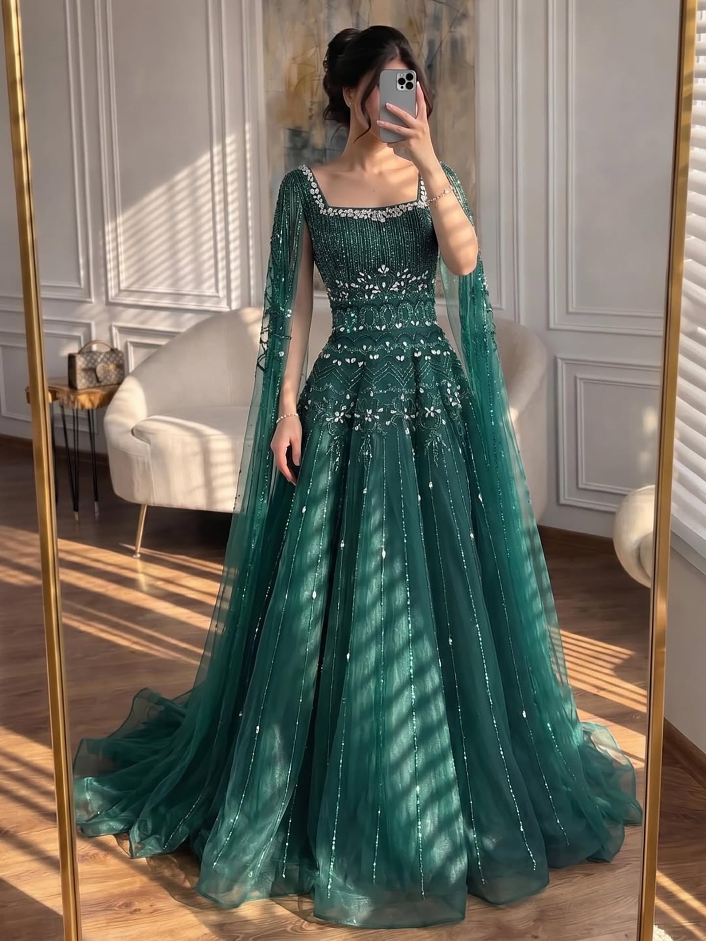 Luxury Caramel A-Line Beaded Evening Dress with Cape Sleeves LA73089A