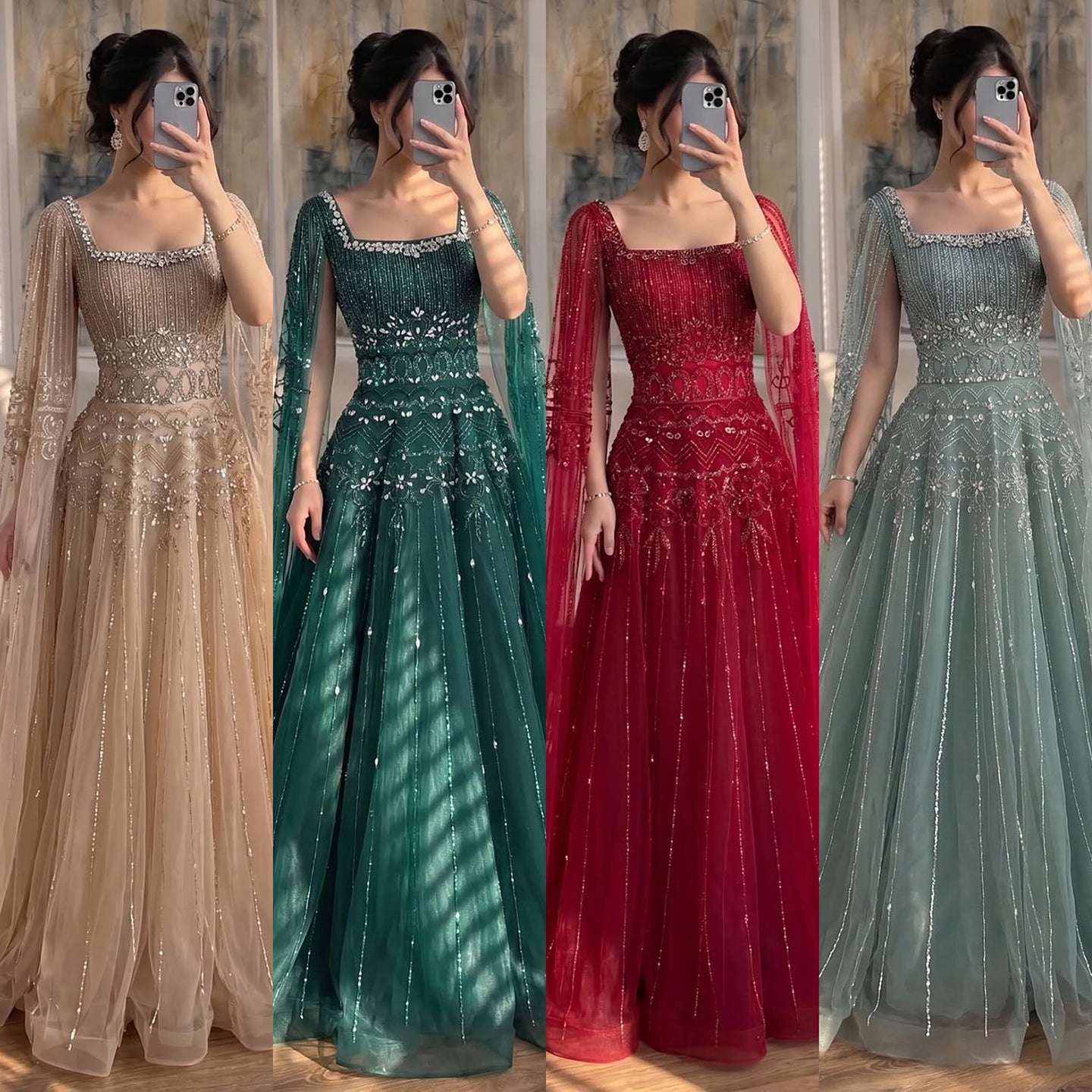 Luxury Caramel A-Line Beaded Evening Dress with Cape Sleeves LA73089A
