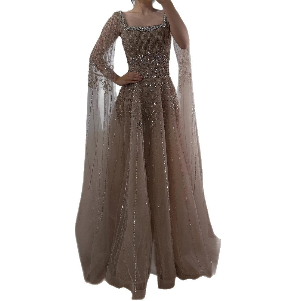 Luxury Caramel A-Line Beaded Evening Dress with Cape Sleeves LA73089A