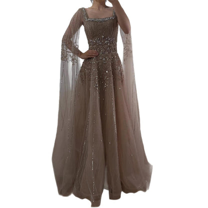 Luxury Caramel A-Line Beaded Evening Dress with Cape Sleeves LA73089A