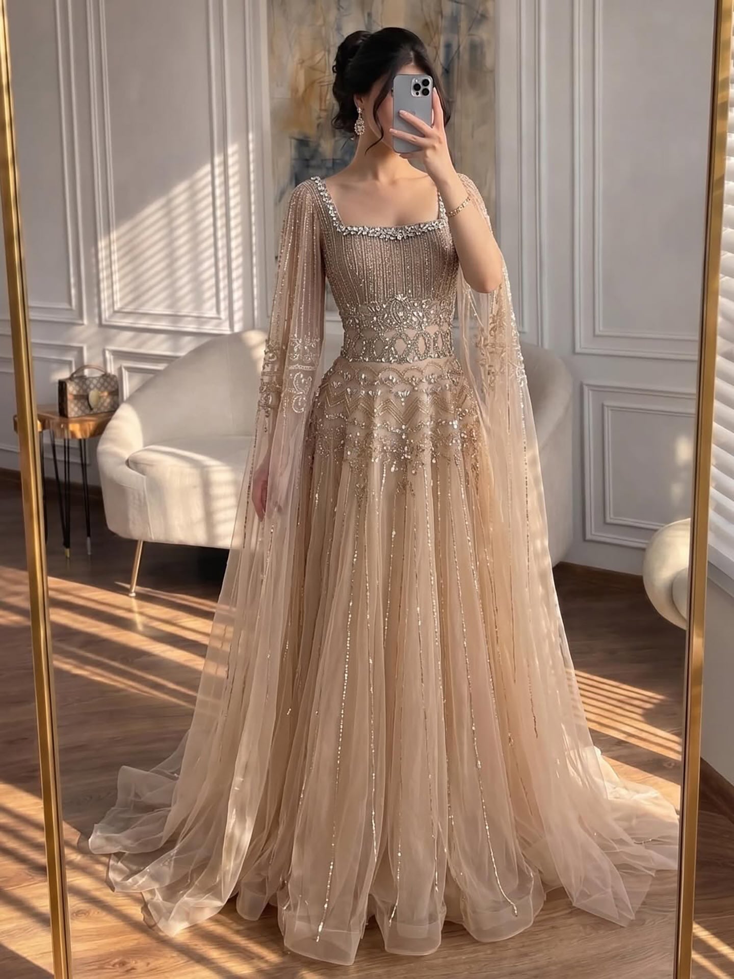 Luxury Caramel A-Line Beaded Evening Dress with Cape Sleeves LA73089A