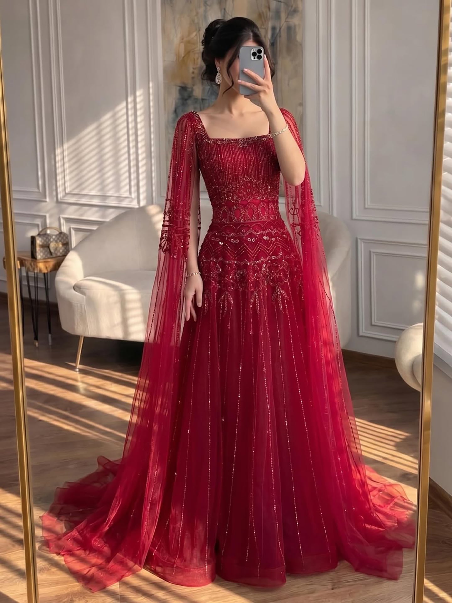Luxury Caramel A-Line Beaded Evening Dress with Cape Sleeves LA73089A