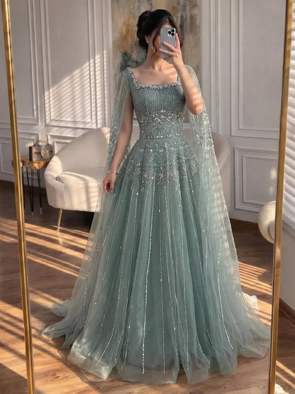 Luxury Caramel A-Line Beaded Evening Dress with Cape Sleeves LA73089A