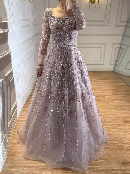 Luxury Caramel Square Neck Beaded A Line Evening Dress with Long Sleeves LA73089B
