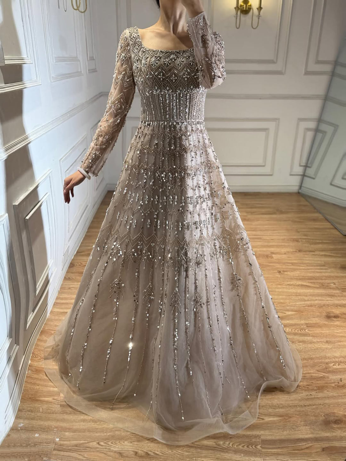 Luxury Caramel Square Neck Beaded A Line Evening Dress with Long Sleeves LA73089B