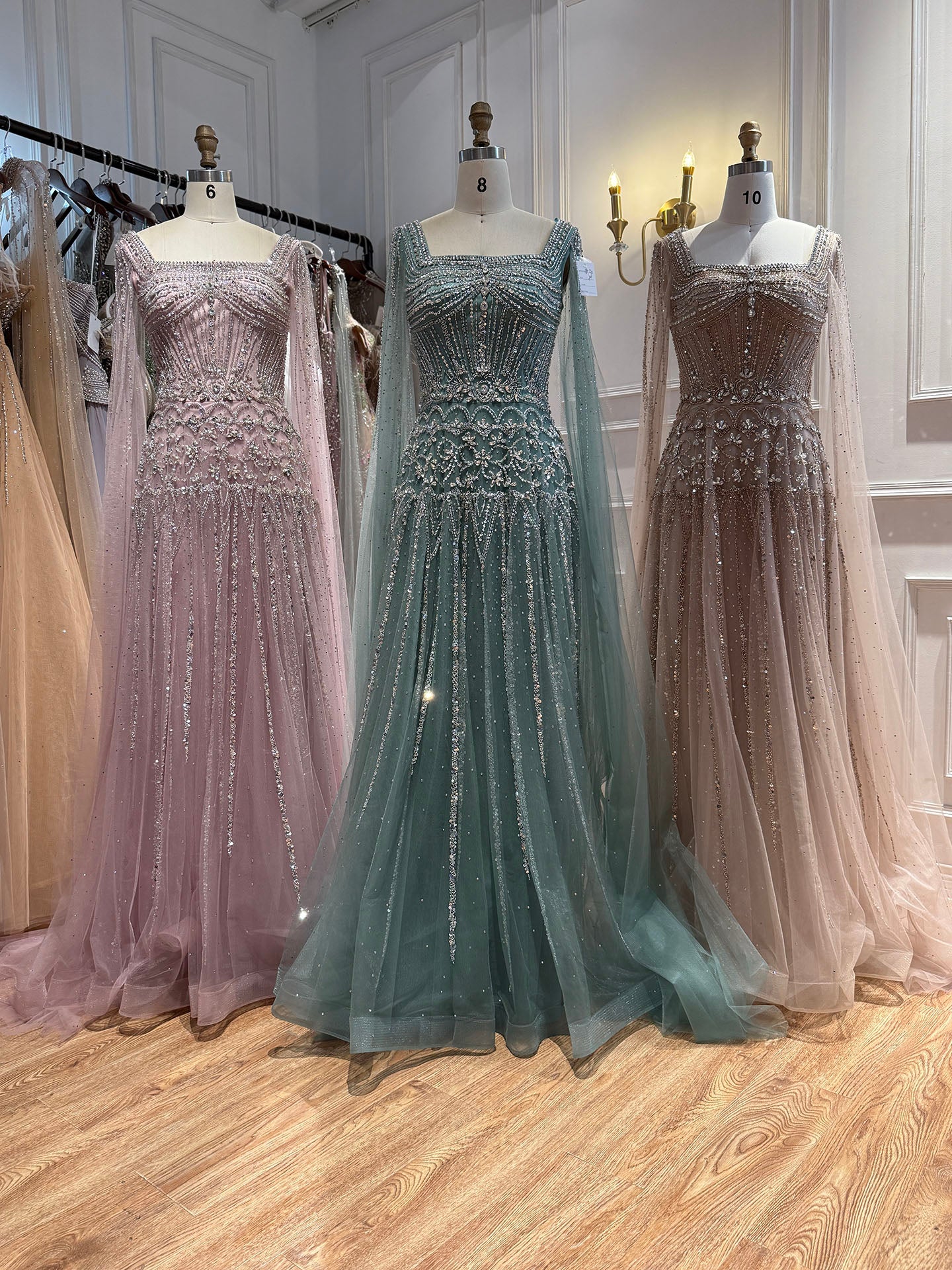 Luxury Pink Crystal Beaded Cape Sleeves A Line Evening Dress LA73089C SERENE HILL