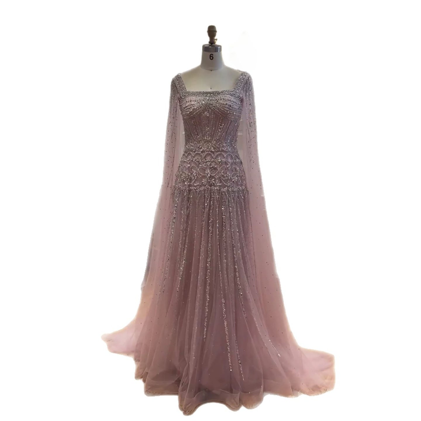 Luxury Pink Crystal Beaded Cape Sleeves A Line Evening Dress LA73089C SERENE HILL
