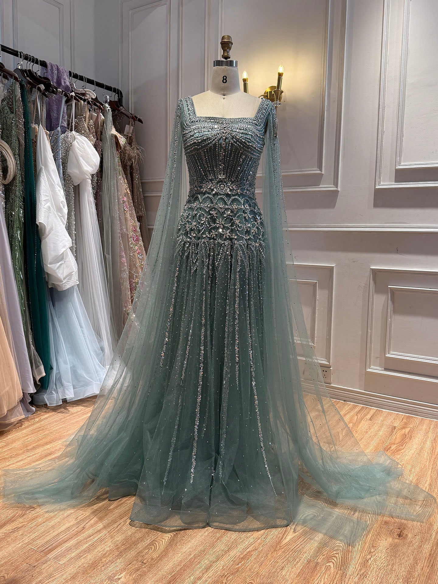 Luxury Pink Crystal Beaded Cape Sleeves A Line Evening Dress LA73089C SERENE HILL
