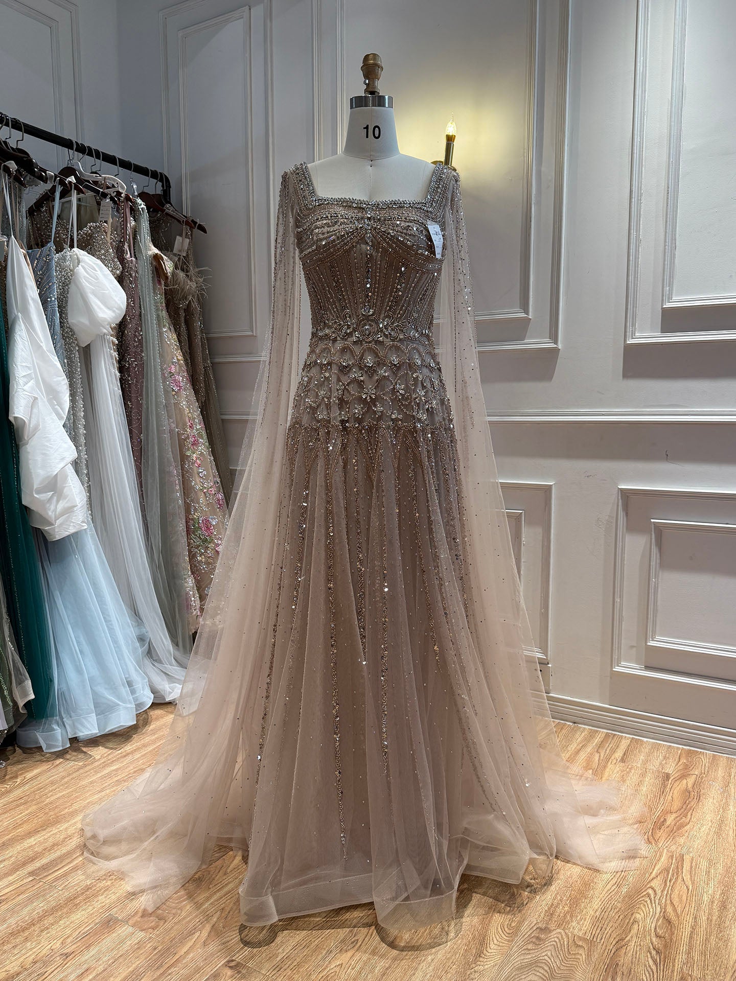 Luxury Pink Crystal Beaded Cape Sleeves A Line Evening Dress LA73089C SERENE HILL